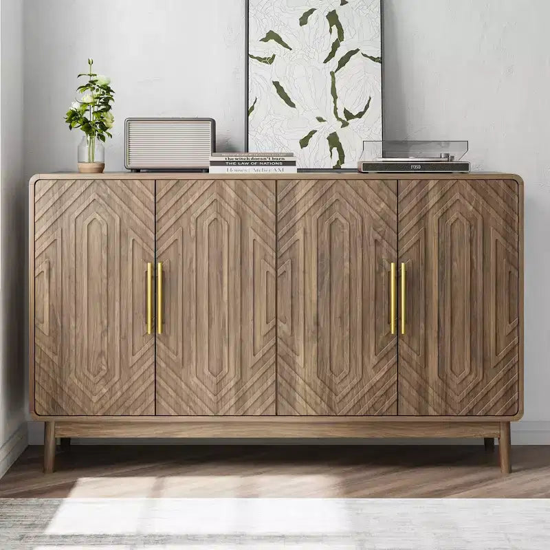 MAYEERTY Sideboard Buffet Cabinet with Carved 4 Door Adjustable Layer Board for Living Room Kitchen Dining Room Walnut