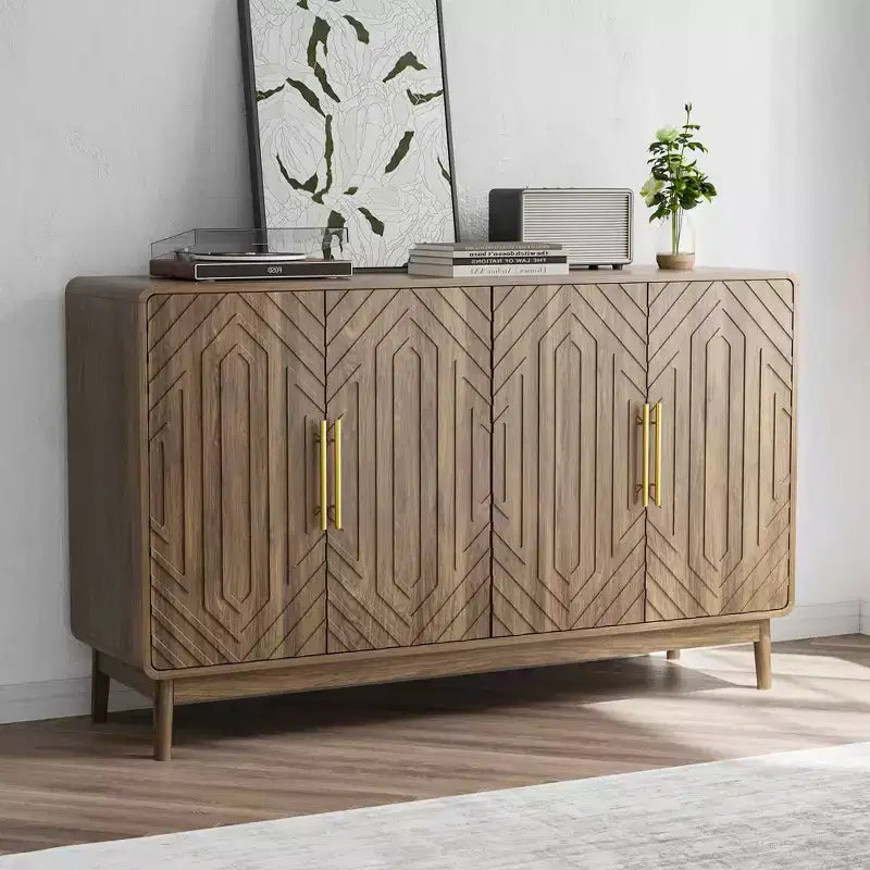 Buffet vaisselier avec 4 portes sculptées et étagères réglables pour salon, cuisine, salle à manger, couleur noyer