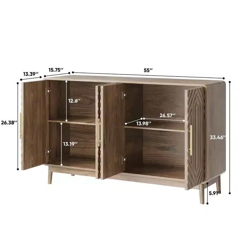 Buffet vaisselier avec 4 portes sculptées et étagères réglables pour salon, cuisine, salle à manger, couleur noyer