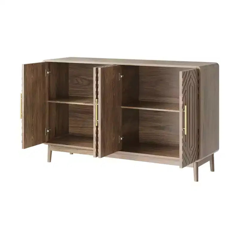 Buffet vaisselier avec 4 portes sculptées et étagères réglables pour salon, cuisine, salle à manger, couleur noyer