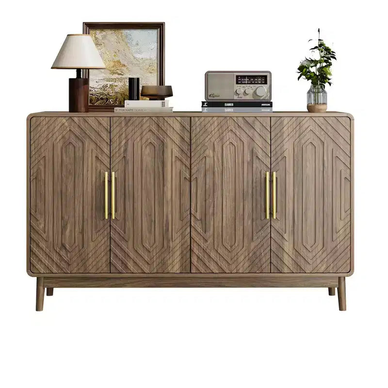 Buffet vaisselier avec 4 portes sculptées et étagères réglables pour salon, cuisine, salle à manger, couleur noyer
