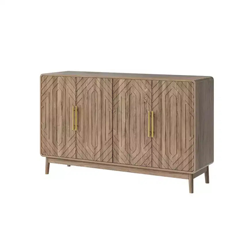 Buffet vaisselier avec 4 portes sculptées et étagères réglables pour salon, cuisine, salle à manger, couleur noyer