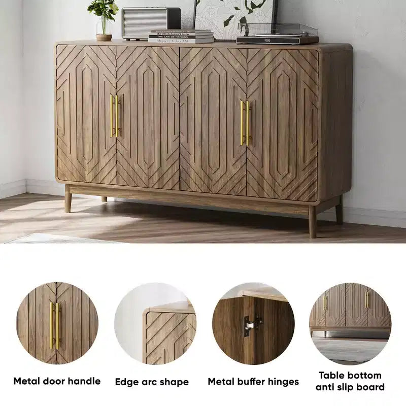 Buffet vaisselier avec 4 portes sculptées et étagères réglables pour salon, cuisine, salle à manger, couleur noyer