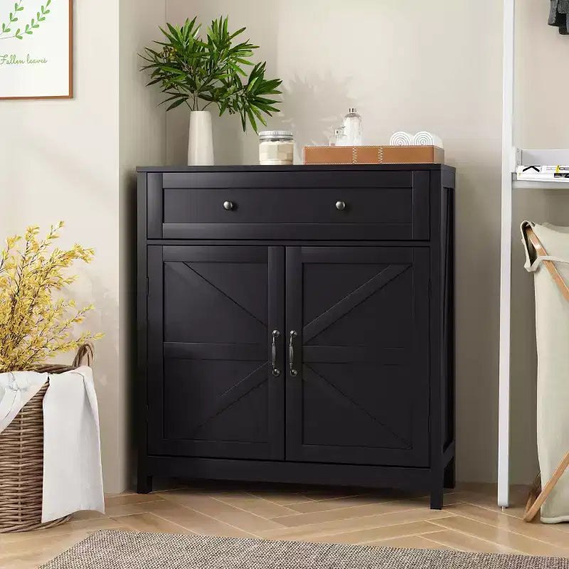 MAYEERTY Kitchen Sideboard Buffet Cabinet with Drawer Adjustable Shelf Barn Door Accent Cabinet for Living Room Black