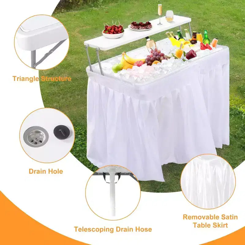 Table réfrigérante pliable pour enfants avec rangement et drain Glacière d'extérieur pour fêtes, camping, pique-nique, barbecue, mariage, bar self-service, avec jupe