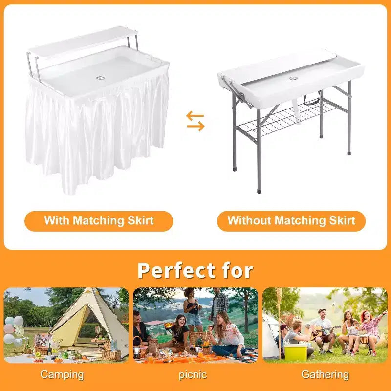 Table réfrigérante pliable pour enfants avec rangement et drain Glacière d'extérieur pour fêtes, camping, pique-nique, barbecue, mariage, bar self-service, avec jupe