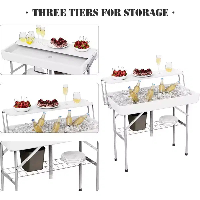 Table réfrigérante pliable pour enfants avec rangement et drain Glacière d'extérieur pour fêtes, camping, pique-nique, barbecue, mariage, bar self-service, avec jupe