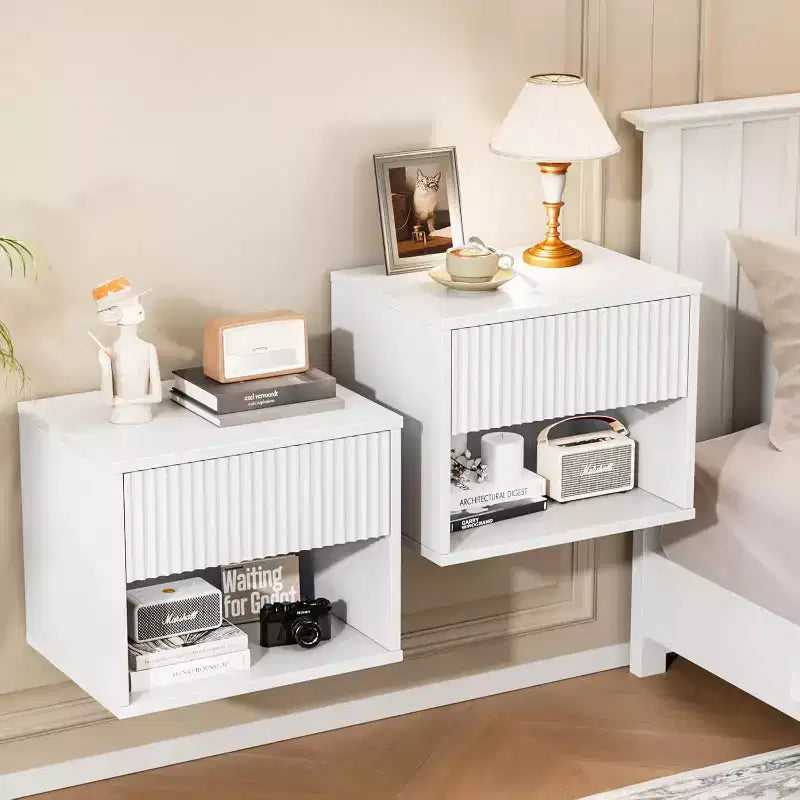 VINGLI Floating Nightstand White Fluted Night Stand 1 Drawer Bed Side Table, Wood Storage Nightstand with Drawers for bedroom