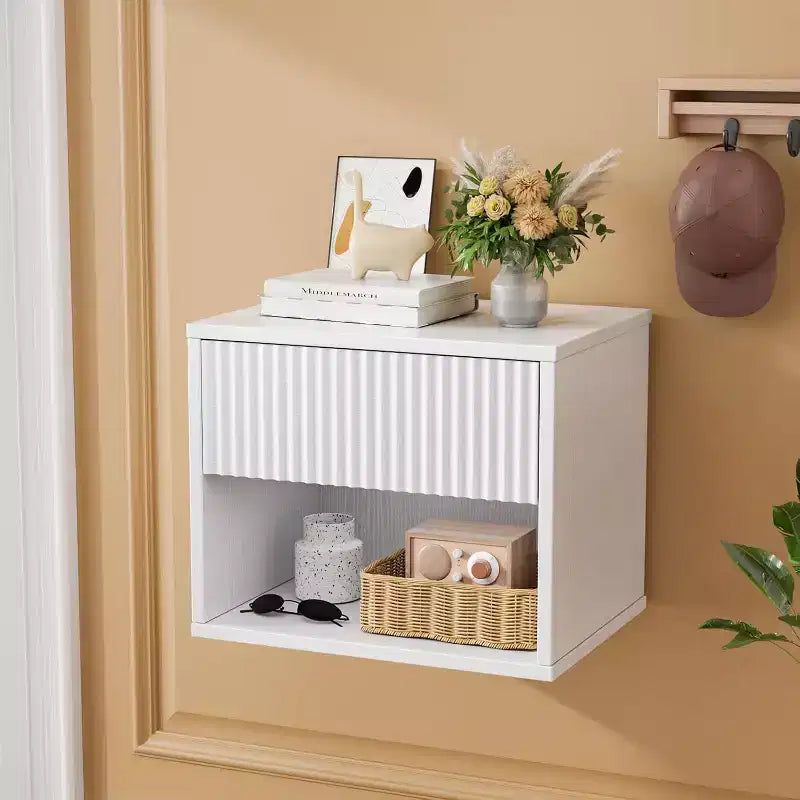 Table de chevet flottante blanche cannelée avec 1 tiroir, table de chevet de rangement en bois avec tiroirs pour chambre à coucher
