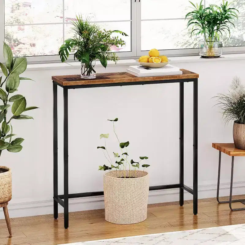 Console étroite de 75 cm, petite table d'entrée/desserte de canapé, table de couloir marron rustique et noire