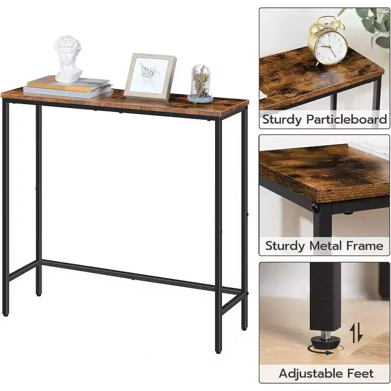 Console étroite de 75 cm, petite table d'entrée/desserte de canapé, table de couloir marron rustique et noire