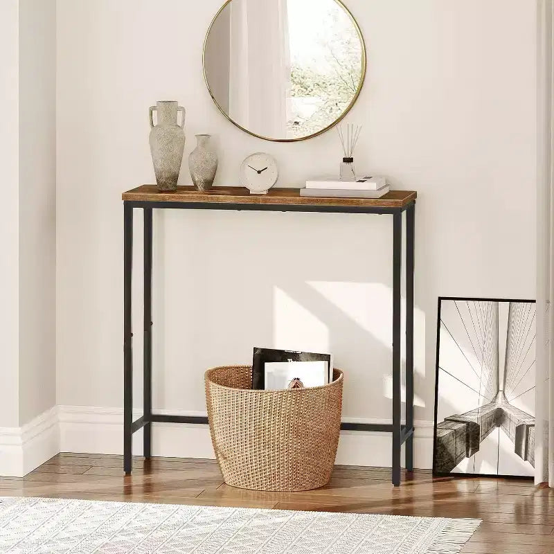 Console étroite de 75 cm, petite table d'entrée/desserte de canapé, table de couloir marron rustique et noire