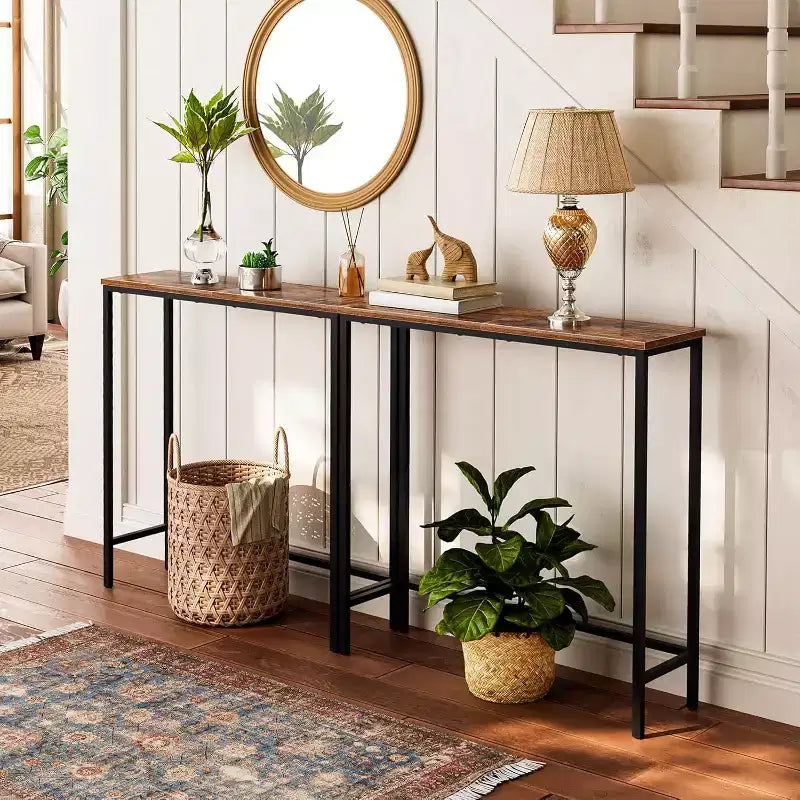 Console étroite de 75 cm, petite table d'entrée/desserte de canapé, table de couloir marron rustique et noire