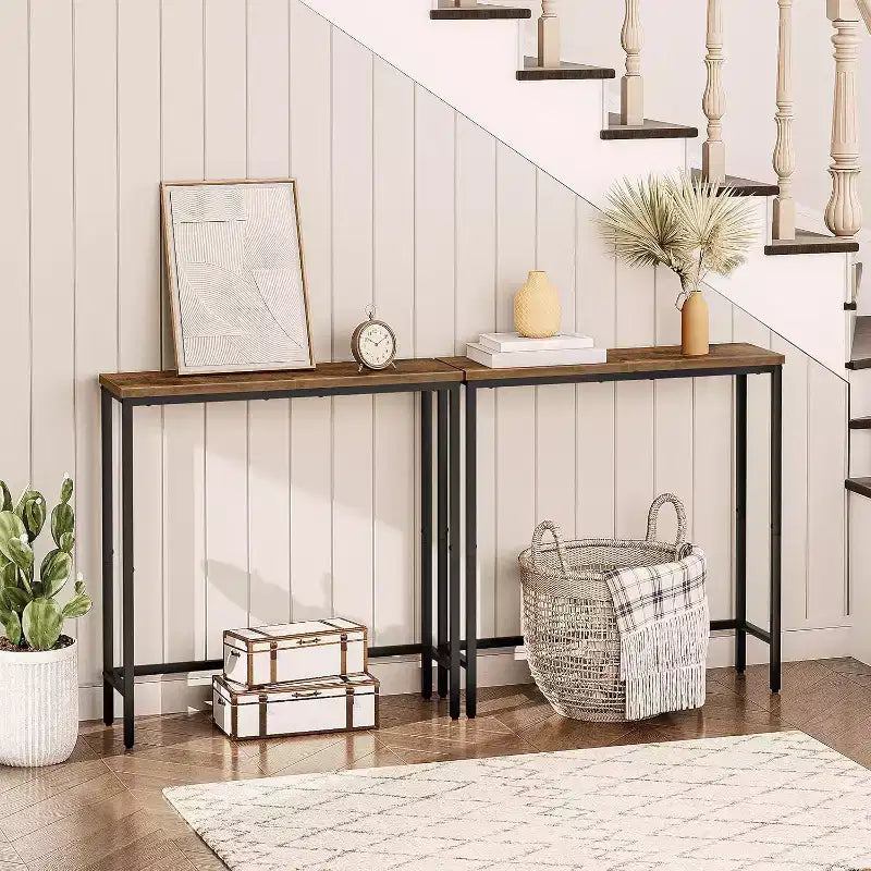 Console étroite de 75 cm, petite table d'entrée/desserte de canapé, table de couloir marron rustique et noire