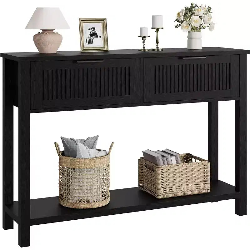 Modern Fluted Console Table with 2 Drawers  Narrow wooden side table, 2-tier, plenty of storage space,for living room, hallway & entrance