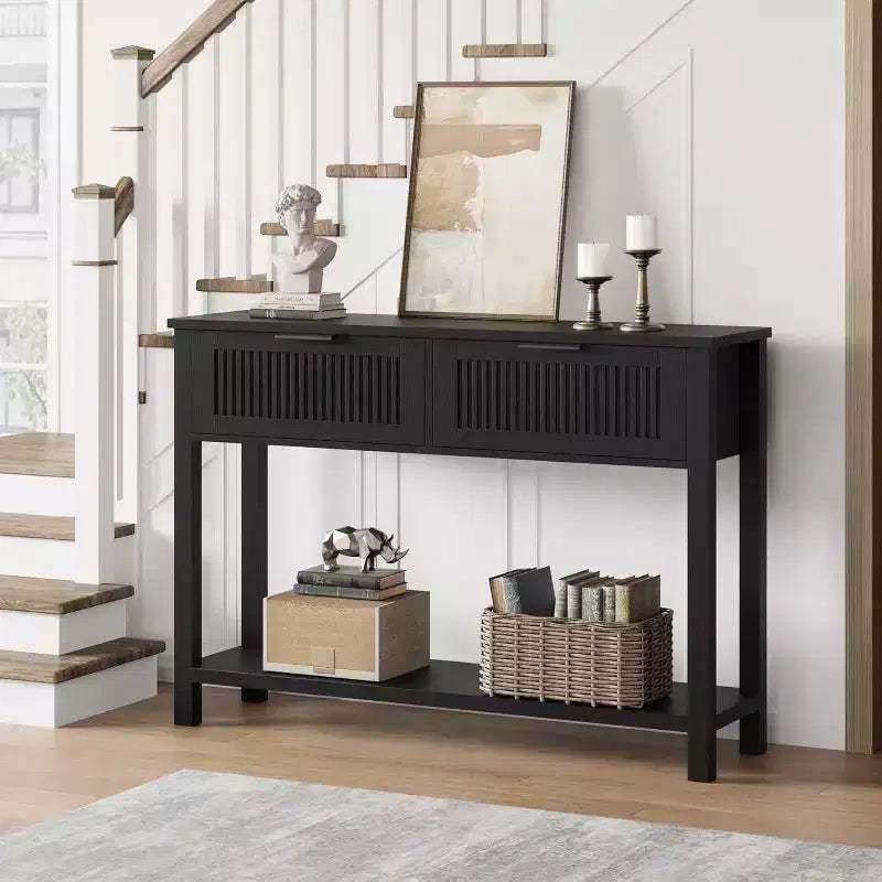 Console moderne à cannelures avec 2 tiroirs Table d'appoint étroite en bois, 2 niveaux, grand espace de rangement, pour salon, couloir et entrée