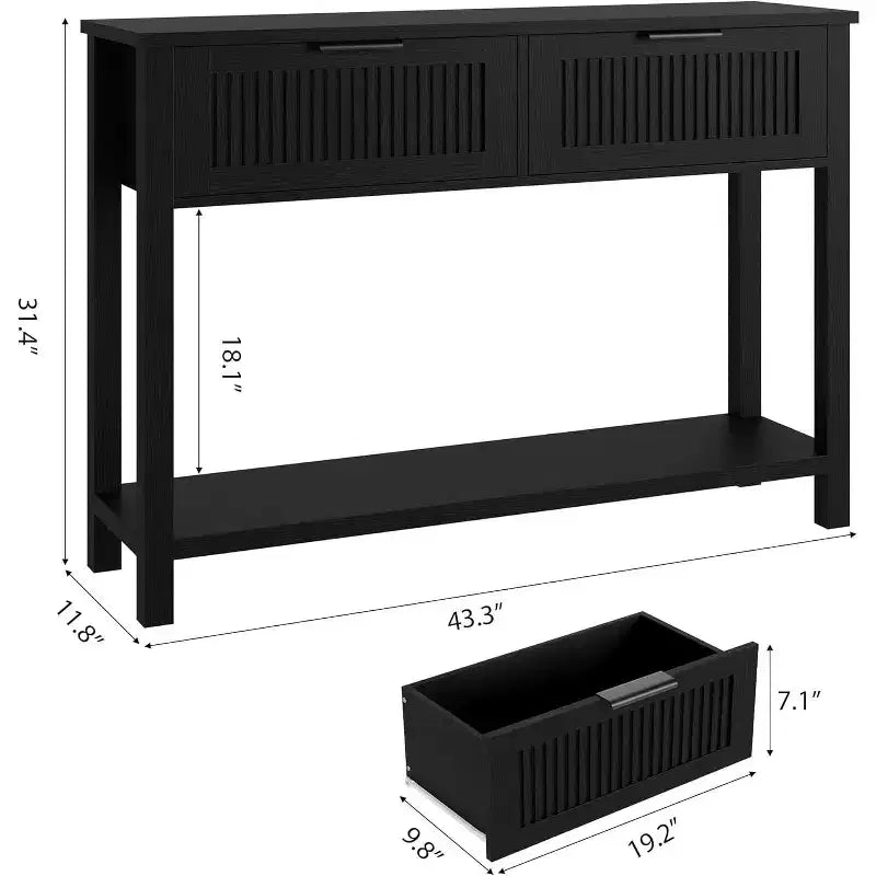 Console moderne à cannelures avec 2 tiroirs Table d'appoint étroite en bois, 2 niveaux, grand espace de rangement, pour salon, couloir et entrée