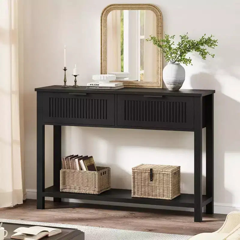 Console moderne à cannelures avec 2 tiroirs Table d'appoint étroite en bois, 2 niveaux, grand espace de rangement, pour salon, couloir et entrée