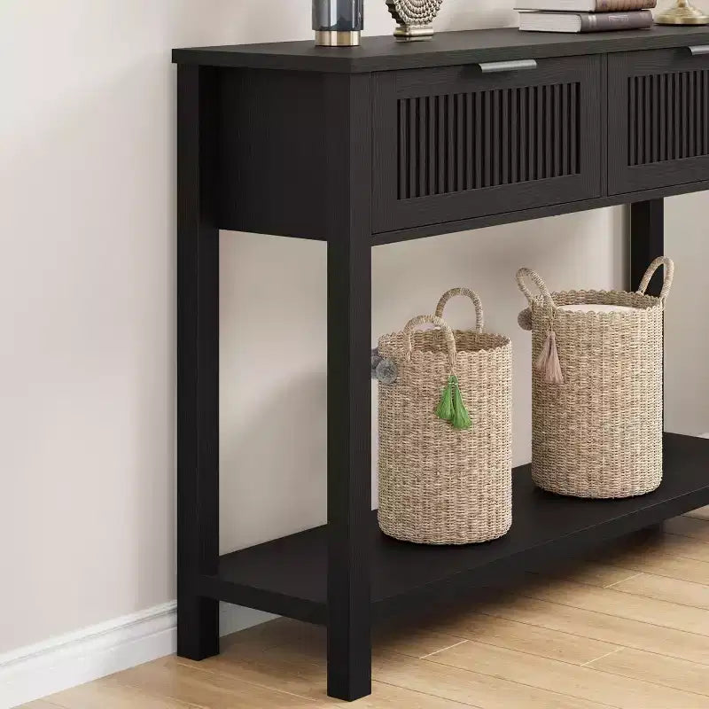 Console moderne à cannelures avec 2 tiroirs Table d'appoint étroite en bois, 2 niveaux, grand espace de rangement, pour salon, couloir et entrée