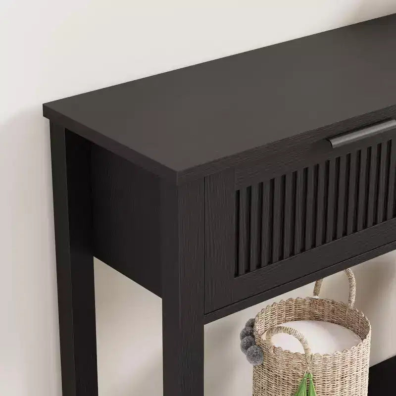Console moderne à cannelures avec 2 tiroirs Table d'appoint étroite en bois, 2 niveaux, grand espace de rangement, pour salon, couloir et entrée