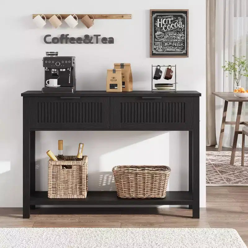 Console moderne à cannelures avec 2 tiroirs Table d'appoint étroite en bois, 2 niveaux, grand espace de rangement, pour salon, couloir et entrée