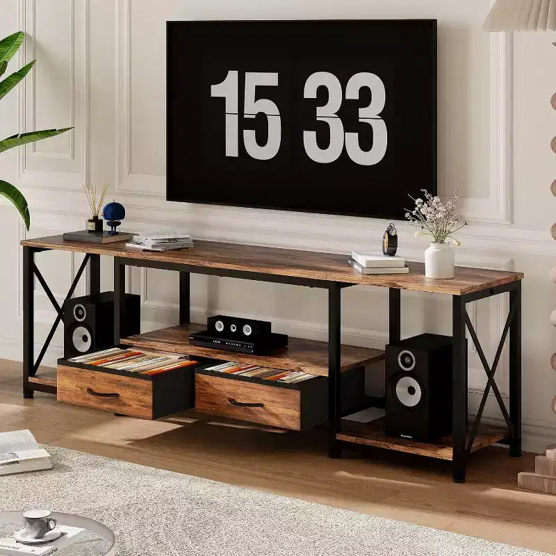 TV Stand with Fabric Drawers & Power Outlets, TV Console Entertainment Center with Open Shelves for 75/70/65 Inch TV,Suitable for Living Room,Bedroom