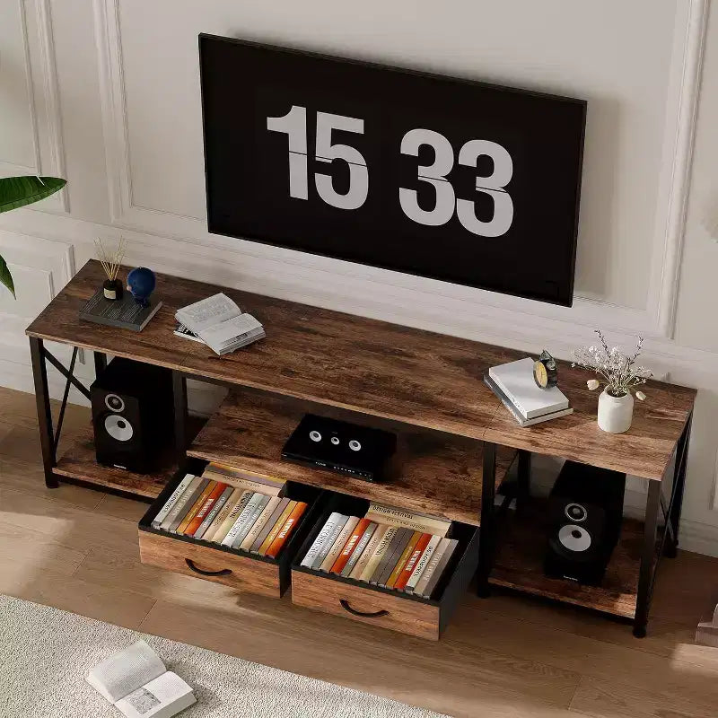 Meuble TV avec tiroirs en tissu et prises de courant, meuble TV avec étagères ouvertes pour téléviseurs de 75/70/65 pouces, convient pour le salon et la chambre à coucher