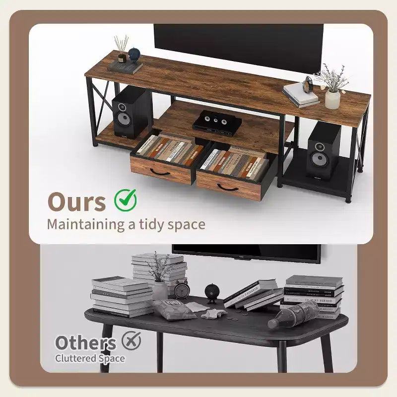 Meuble TV avec tiroirs en tissu et prises de courant, meuble TV avec étagères ouvertes pour téléviseurs de 75/70/65 pouces, convient pour le salon et la chambre à coucher