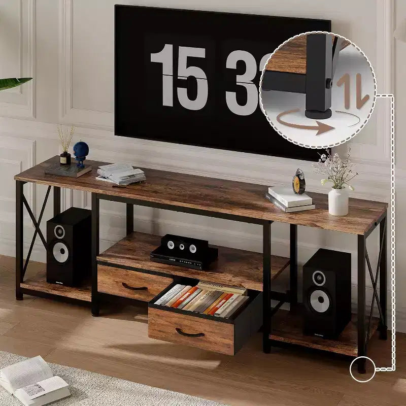 Meuble TV avec tiroirs en tissu et prises de courant, meuble TV avec étagères ouvertes pour téléviseurs de 75/70/65 pouces, convient pour le salon et la chambre à coucher