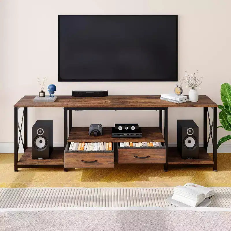 Meuble TV avec tiroirs en tissu et prises de courant, meuble TV avec étagères ouvertes pour téléviseurs de 75/70/65 pouces, convient pour le salon et la chambre à coucher