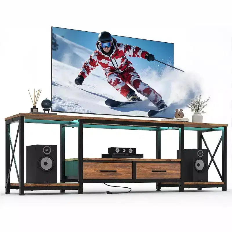 Meuble TV avec tiroirs en tissu et prises de courant, meuble TV avec étagères ouvertes pour téléviseurs de 75/70/65 pouces, convient pour le salon et la chambre à coucher
