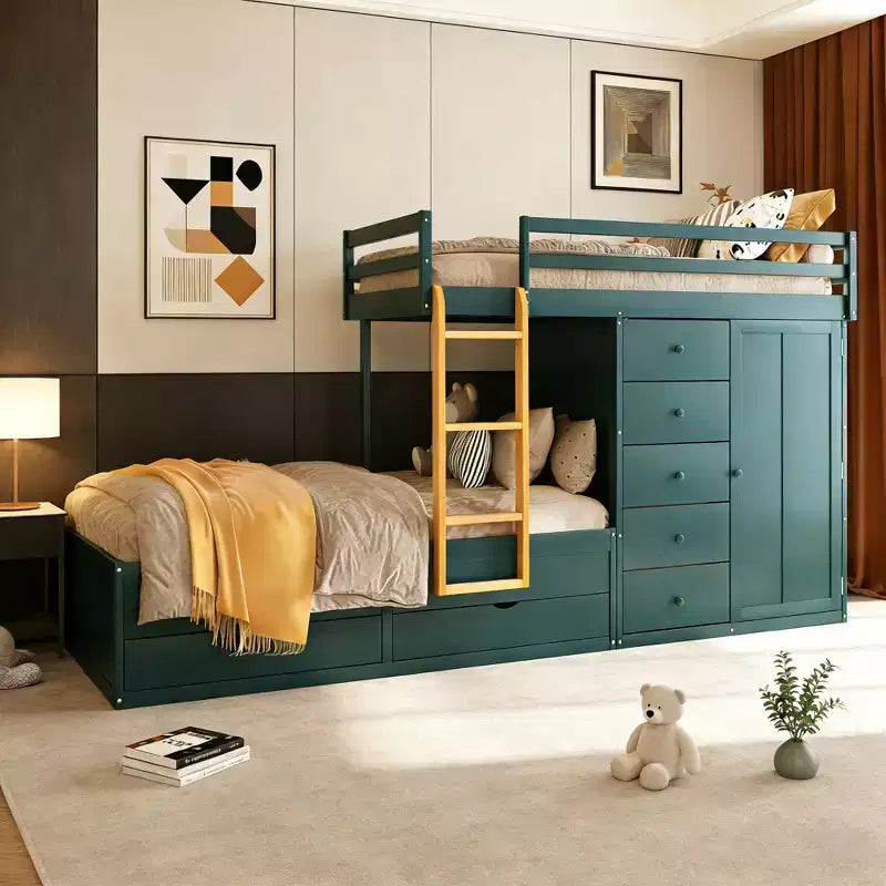 Luxystar Full Over Full Modern Bunk Bed With Built In Closet And 7 Storage Drawers