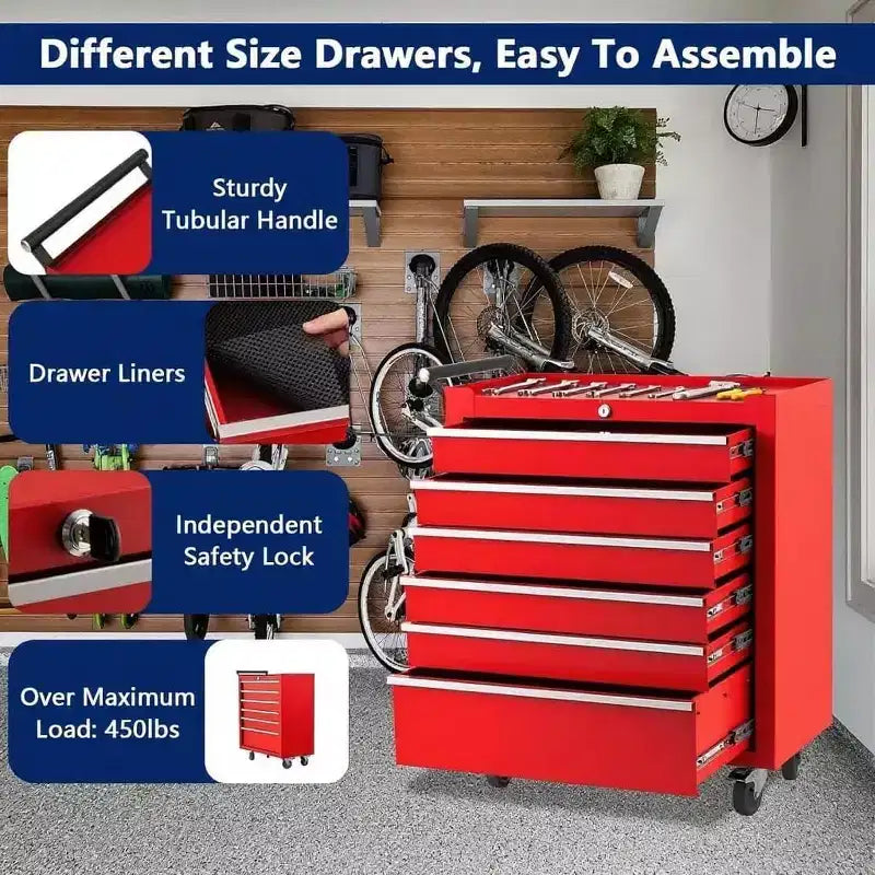 Servante à roulettes 6 tiroirs, boîte à outils roulante avec roues et système de verrouillage, servante portable pour entrepôt, atelier et garage