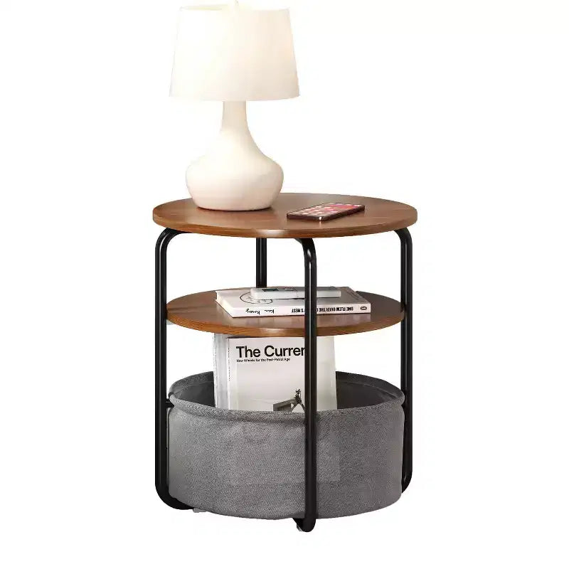 Small Round Side End Table with Fabric Storage Basket, Round End Table 3-Tier Nightstand 23.6 h Vintage Sofa Corner Table