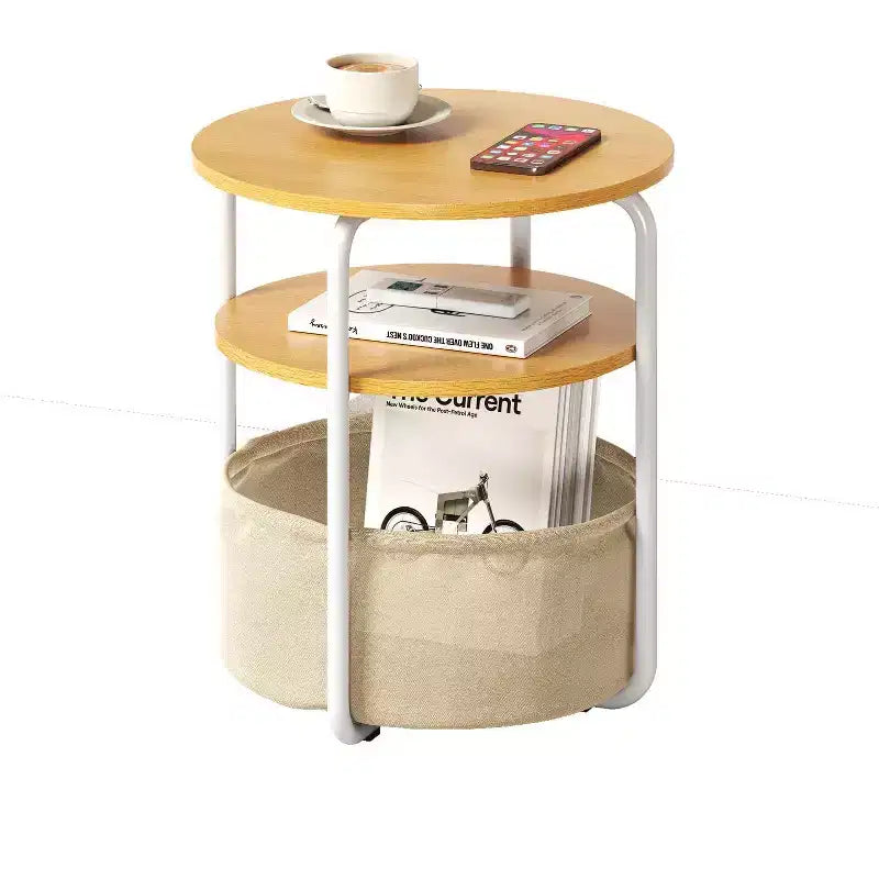 Petite table d'appoint ronde avec panier de rangement en tissu, table de chevet ronde à 3 niveaux de 60 cm de hauteur, table d'angle vintage pour canapé