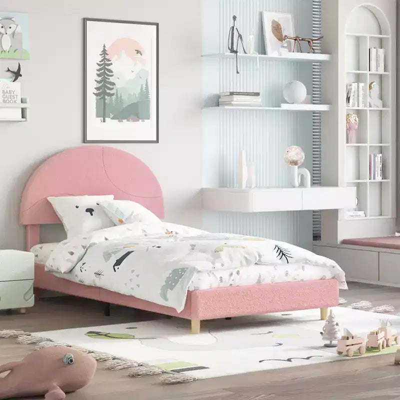 Cadre de lit moderne pour enfants avec tête de lit capitonnée en boucle et archeLattes en bois robustes, sans bruit, aucun sommier saisonnier nécessaire, assemblage facileLit jumeau