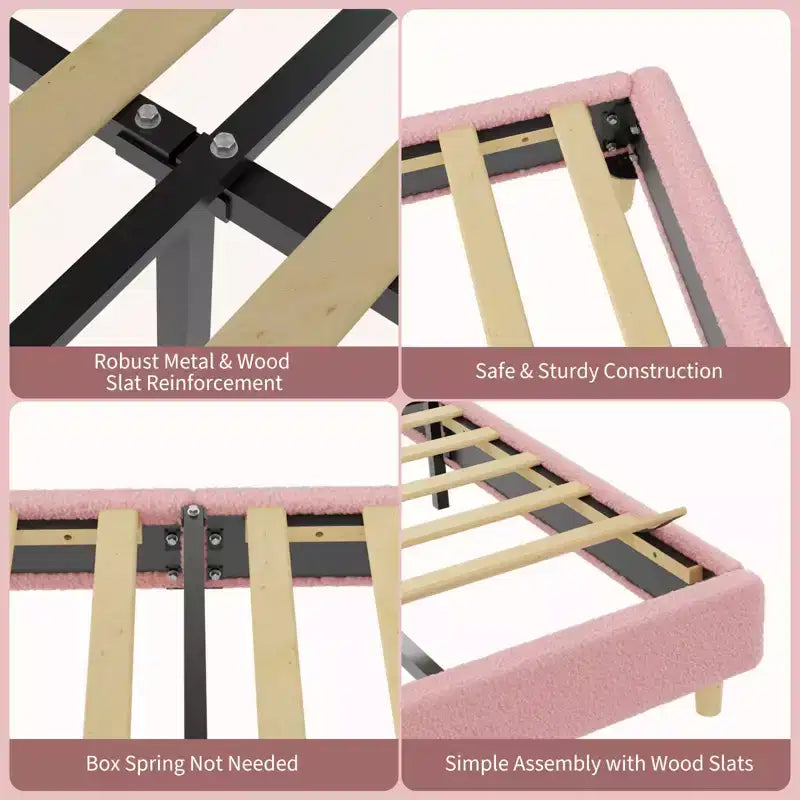 Cadre de lit moderne pour enfants avec tête de lit capitonnée en boucle et archeLattes en bois robustes, sans bruit, aucun sommier saisonnier nécessaire, assemblage facileLit jumeau
