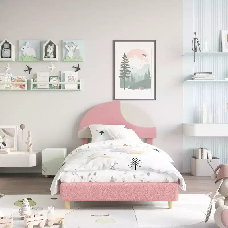 Cadre de lit moderne pour enfants avec tête de lit capitonnée en boucle et archeLattes en bois robustes, sans bruit, aucun sommier saisonnier nécessaire, assemblage facileLit jumeau