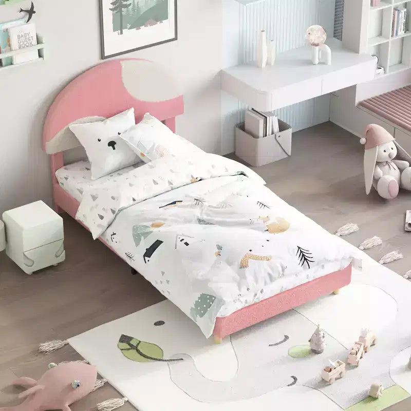 Cadre de lit moderne pour enfants avec tête de lit capitonnée en boucle et archeLattes en bois robustes, sans bruit, aucun sommier saisonnier nécessaire, assemblage facileLit jumeau