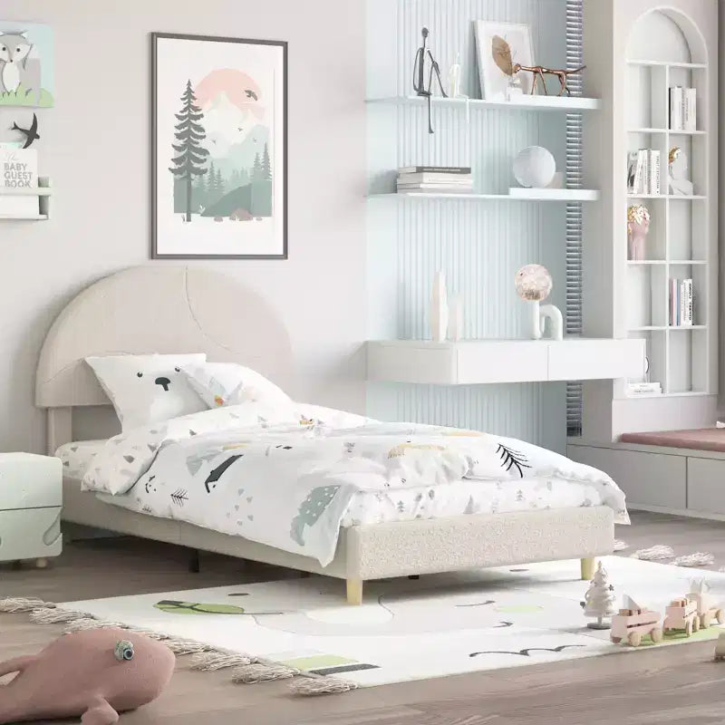 Cadre de lit moderne pour enfants avec tête de lit capitonnée en boucle et archeLattes en bois robustes, sans bruit, aucun sommier saisonnier nécessaire, assemblage facileLit jumeau