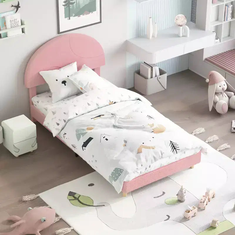 Cadre de lit moderne pour enfants avec tête de lit capitonnée en boucle et archeLattes en bois robustes, sans bruit, aucun sommier saisonnier nécessaire, assemblage facileLit jumeau