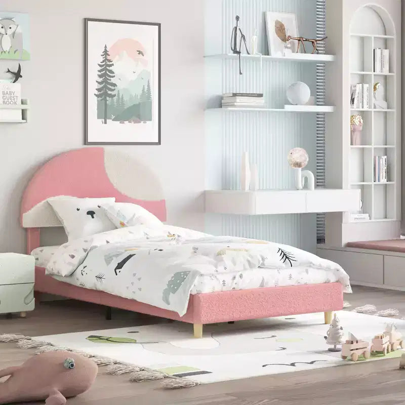 Cadre de lit moderne pour enfants avec tête de lit capitonnée en boucle et archeLattes en bois robustes, sans bruit, aucun sommier saisonnier nécessaire, assemblage facileLit jumeau