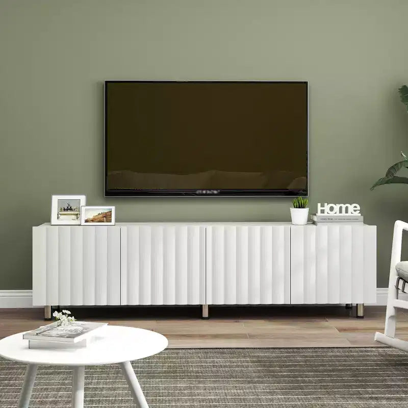 JVNOXK 70-inch modern TV stand, suitable for 65-inch and larger televisions, featuring storage space and two drawers, ideal for living rooms, white