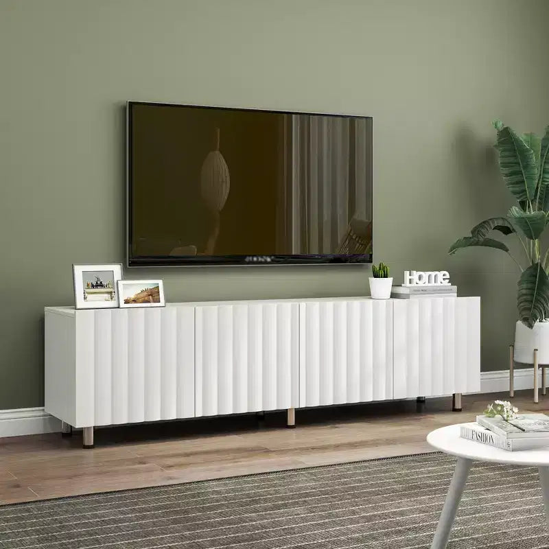 Meuble TV moderne de 70 pouces, adapté aux téléviseurs de 65 pouces et plus, avec espace de rangement et deux tiroirs, idéal pour les salons, blanc
