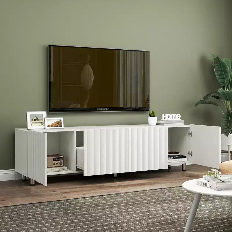 Meuble TV moderne de 70 pouces, adapté aux téléviseurs de 65 pouces et plus, avec espace de rangement et deux tiroirs, idéal pour les salons, blanc