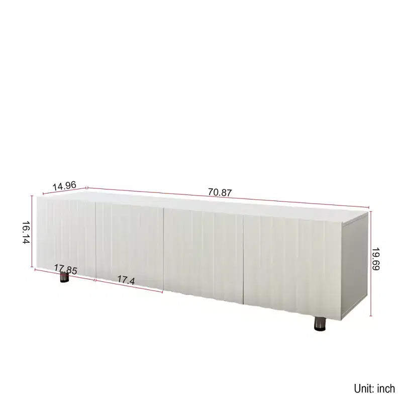 Meuble TV moderne de 70 pouces, adapté aux téléviseurs de 65 pouces et plus, avec espace de rangement et deux tiroirs, idéal pour les salons, blanc