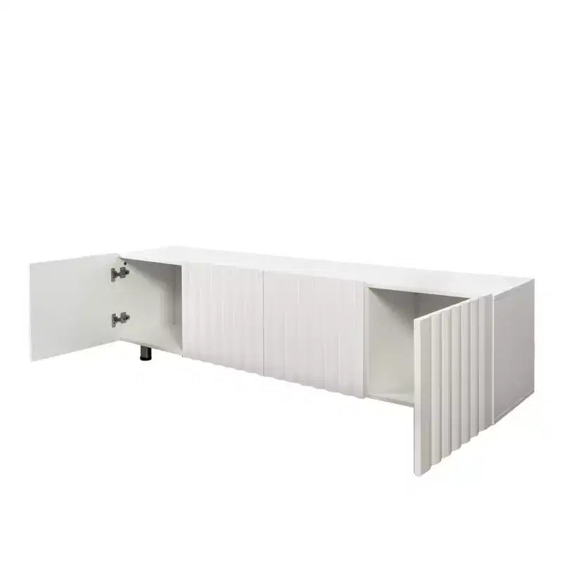 Meuble TV moderne de 70 pouces, adapté aux téléviseurs de 65 pouces et plus, avec espace de rangement et deux tiroirs, idéal pour les salons, blanc