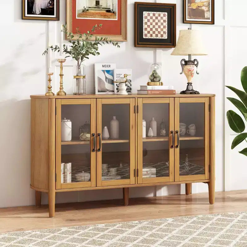 Meuble de rangement moderne du milieu du siècle de 58 po avec 4 portes vitrées et étagères réglables