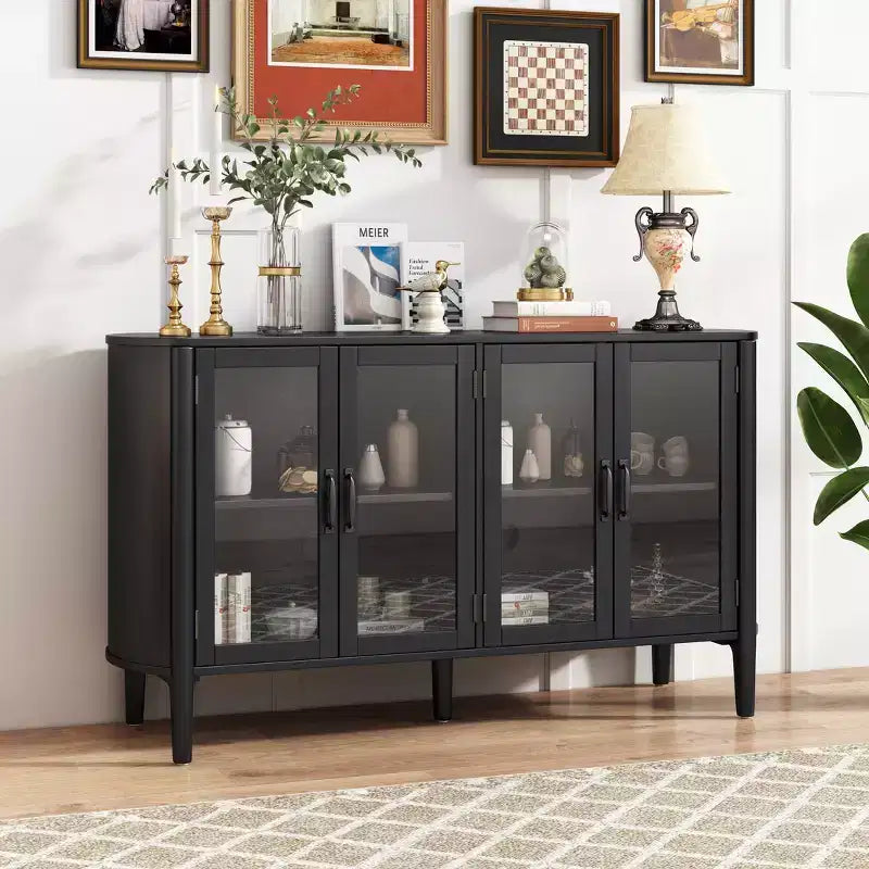 Meuble de rangement moderne du milieu du siècle de 58 po avec 4 portes vitrées et étagères réglables