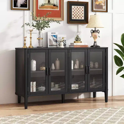 Meuble de rangement moderne du milieu du siècle de 58 po avec 4 portes vitrées et étagères réglables